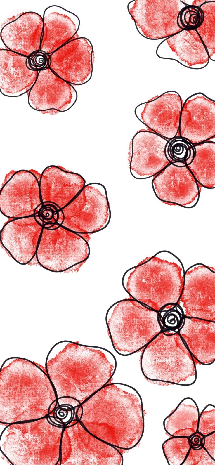 red flowers are drawn on white paper with black circles in the center and bottom corner