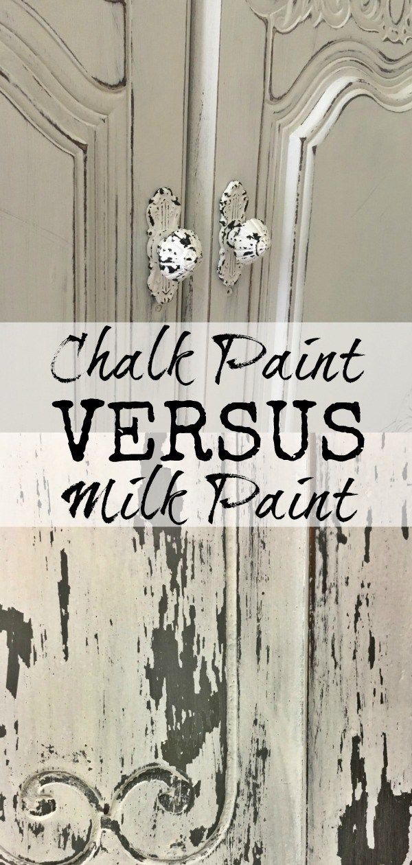 the words chalk paint versus milk paint are painted on an old white cabinet with peeling paint