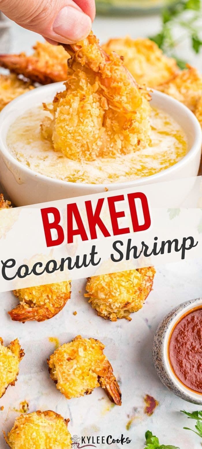 baked coconut shrimp with dipping sauce in a white bowl and on the side, there is a hand holding a piece of bread that has been dipped into it