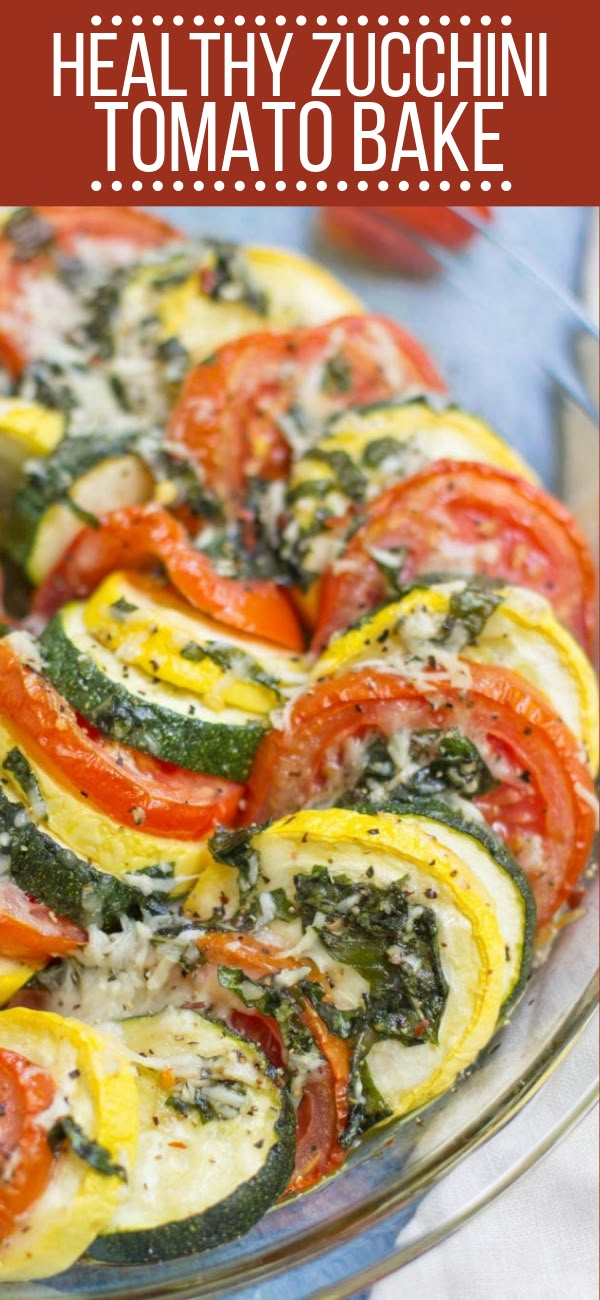 a dish with zucchini, tomatoes and spinach in it on a plate