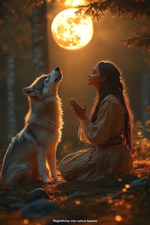 a woman sitting on the ground next to a wolf