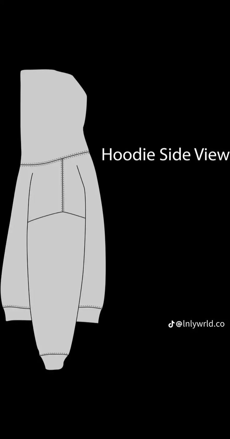 the hoodie side view is shown in black and white, with text that reads hoodie side view