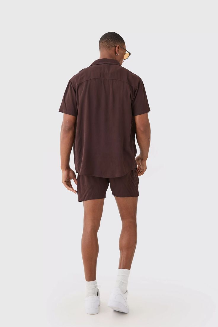 Short Sleeve Cheese Cloth Shirt And Short Set | boohooMAN USA Collared Summer Camp Shirt For Vacation, Summer Collared Camp Shirt For Beach, Summer Camp Shirt For Beach With Collar, Casual Camp Shirt With Camp Collar For Vacation, Casual Summer Camp Shirt For The Beach, Summer Beachwear Tops With Camp Collar, Relaxed Fit Short Length Vacation Tops, Casual Camp Shirt For Summer Vacation, Short Sleeve Camp Shirt For Beach In Summer