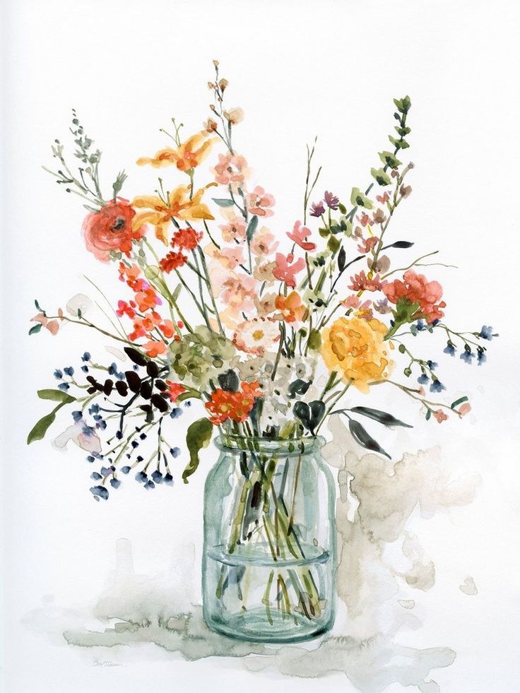 a watercolor painting of flowers in a mason jar