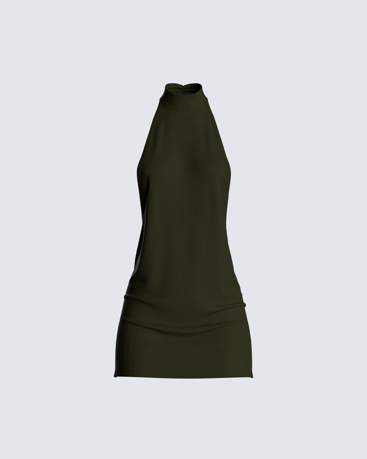 You’ll be the scandal of the night in this mini dress �😈 they won't want you out of their sight 👀 Halter Turtle Neck Dress, Olive Mini Dress, Cute Going Out Dresses, Dark Luxury Outfits, Dark Green Dresses, Diner Outfits, Green And White Outfit, Dresses For Night Out, Night Out Dresses