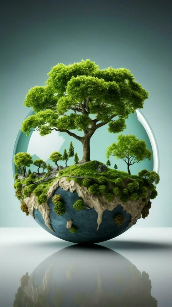 an image of a tree in the shape of a glass globe with water and land inside