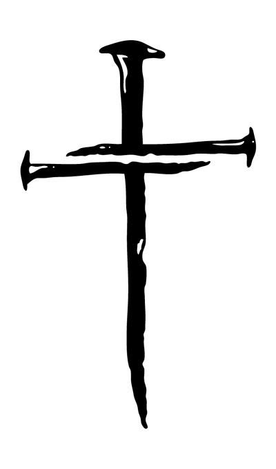 a black and white drawing of a cross with nails on it's sides, in the shape of a crucifix