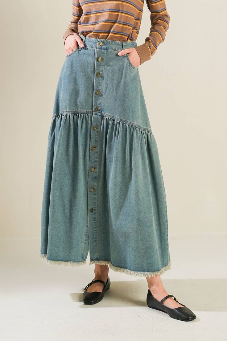 A washed denim midi skirt featuring button down, side pocket, frayed hem and back pockets Details: Self : 90% Cotton 10% Polyester Size & Fit - Model is 5`9" And Wearing Size Small- Measurements Taken From Size Small- Approx. Length: 38" Medium Wash Denim Skirt With Unfinished Hem, Wide Leg Denim Skirt With Frayed Hem, Casual Dark Wash Denim Skirt With Unfinished Hem, Casual Washed Blue Denim Skirt With Frayed Hem, High Rise Washed Blue Denim Skirt With Frayed Hem, High Rise Cotton Denim Skirt With Frayed Hem, High Waist Light Wash Skirt With Frayed Hem, Medium Wash Cotton Denim Skirt With Frayed Hem, Washed Blue Denim Skirt With Frayed Hem