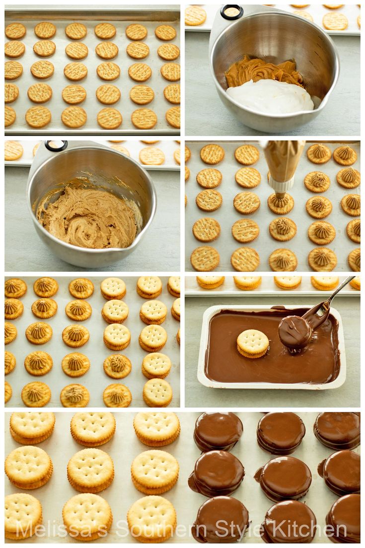 the process for making peanut butter crackers is shown in several different pictures and then being made into pretzels