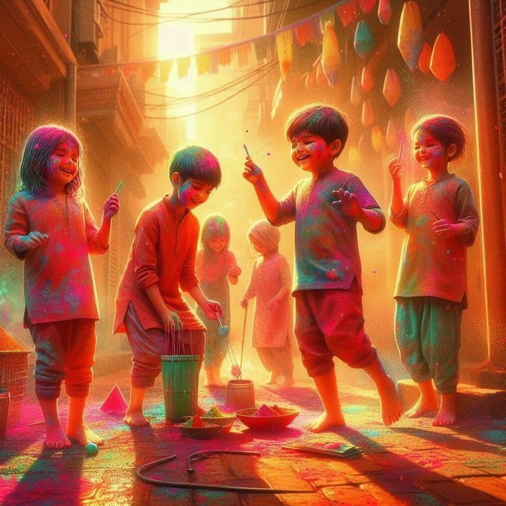 children playing with colored powder in an alleyway at sunset or sunrise, while the sun shines brightly on them