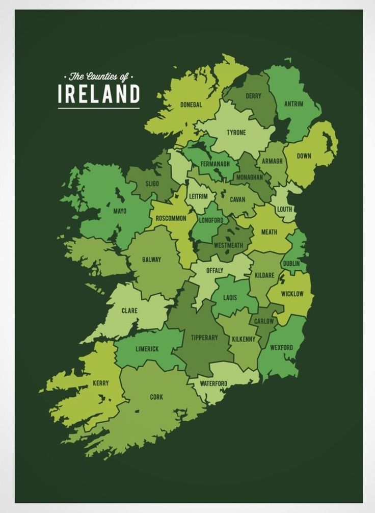 a map of ireland with the names and cities in green, on a dark background