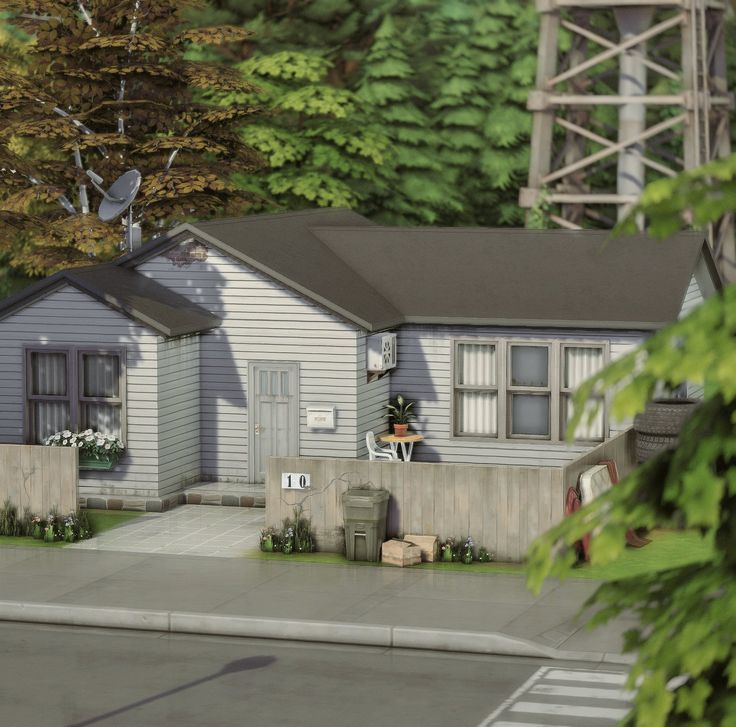 a rendering of a house in the middle of a street with trees and bushes around it