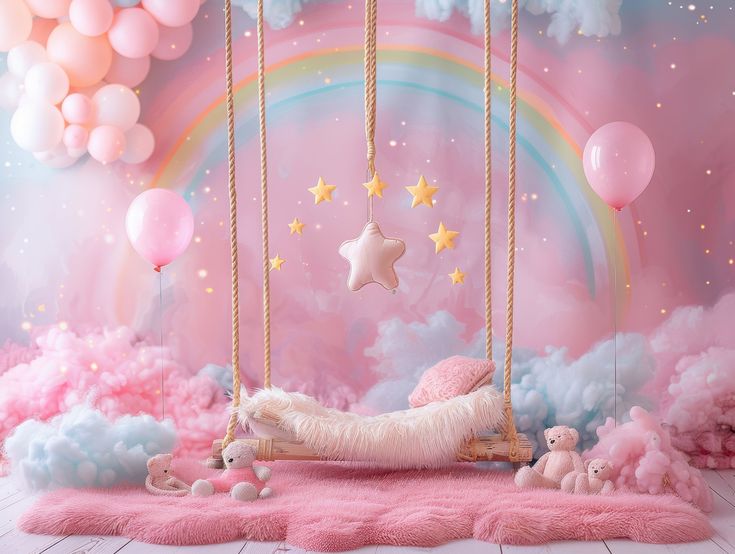 a pink room with balloons, stars and a unicorn on the bed in front of it