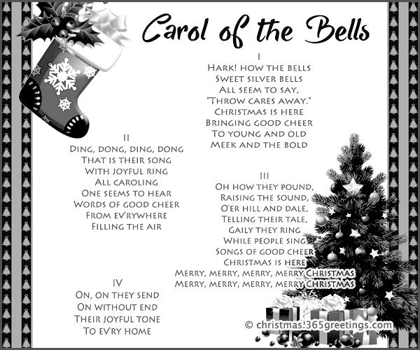 the carol of the bells is shown in black and white with christmas stockings on it