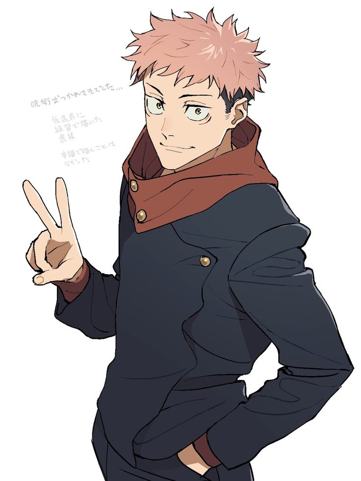 an anime character with pink hair is making the peace sign and holding his hand up