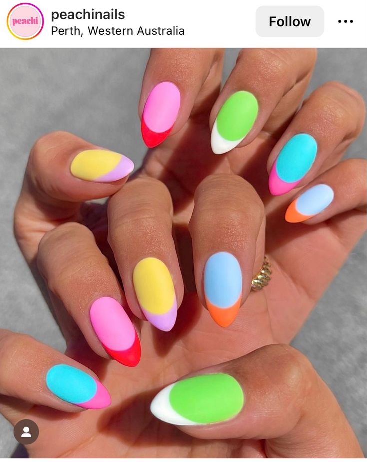 Matte French 🌈 Multicolour Nails, Neon Nail Colors, Nail Polish Colors Summer, Spring Break Nails, Multicolored Nails, Neon Nail Designs, Unghie Sfumate, Broken Nails, Colorful Nail