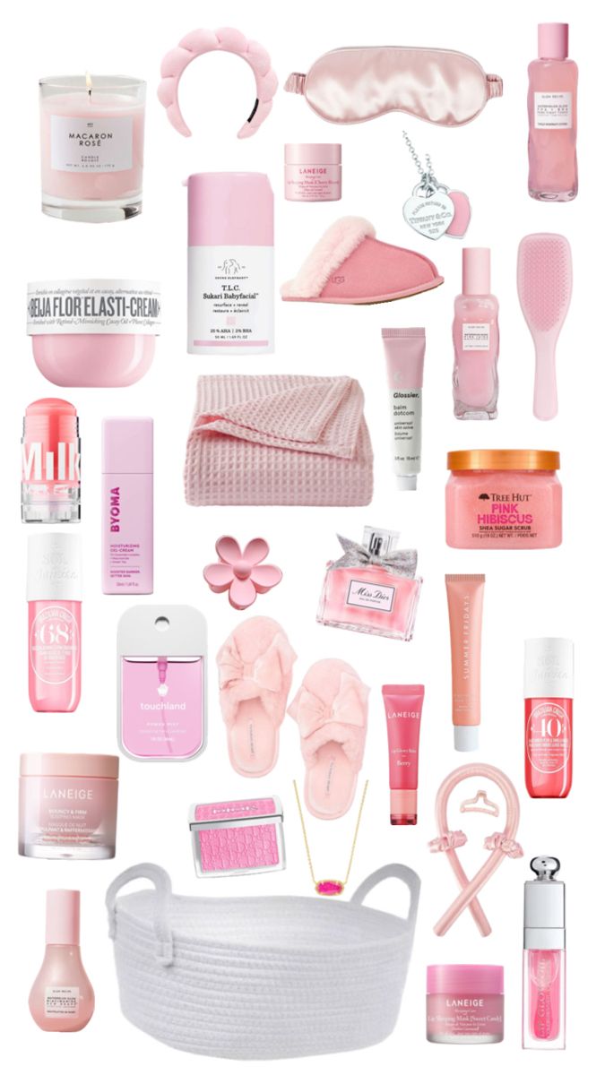 the contents of a woman's purse are shown in pinks and whitest