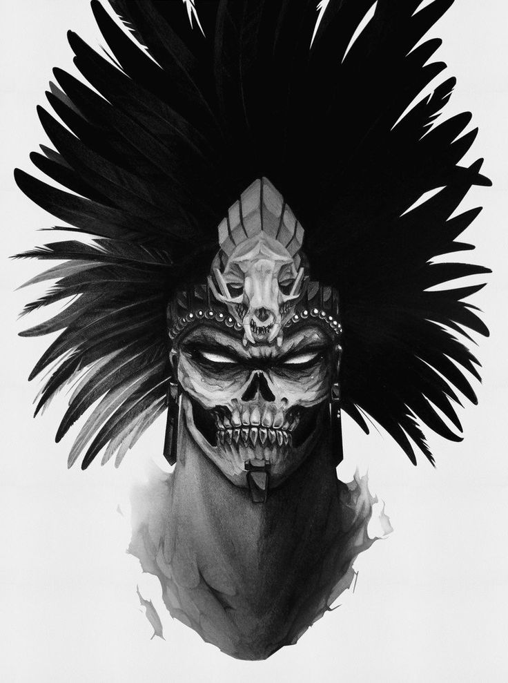 a black and white drawing of a skull wearing a headdress with feathers on it