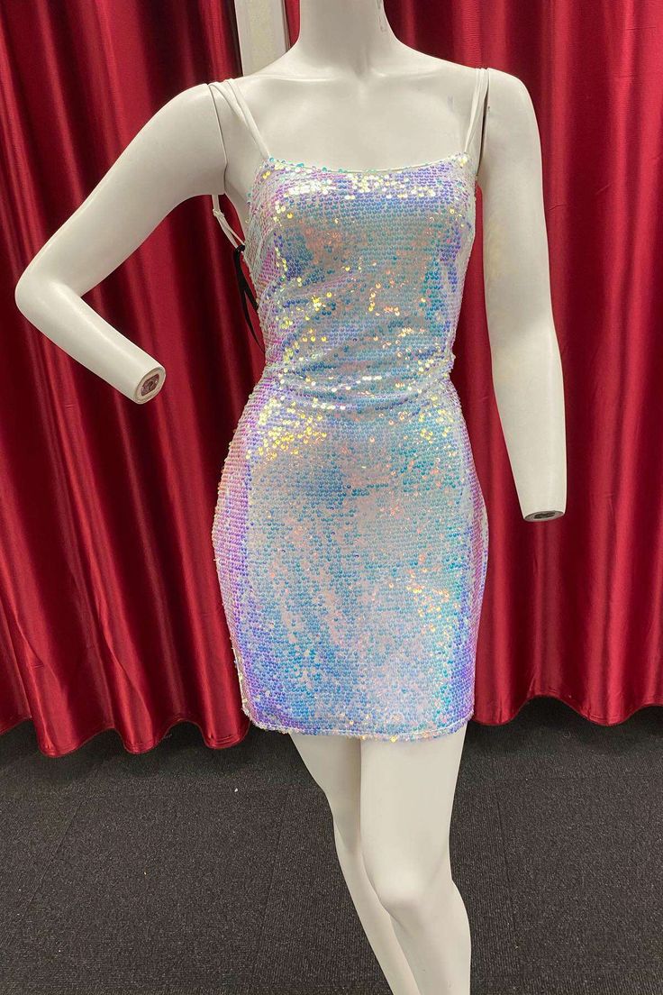 White Iridescent Sequin Lace-Up Back Homecoming Dress Iridescent Wedding Dress, Tight Homecoming Dress, Teal Cocktail Dress, Fancy Short Dresses, Iridescent Dress, Iridescent Sequin, White Homecoming Dresses, Red Homecoming Dresses, Iridescent White