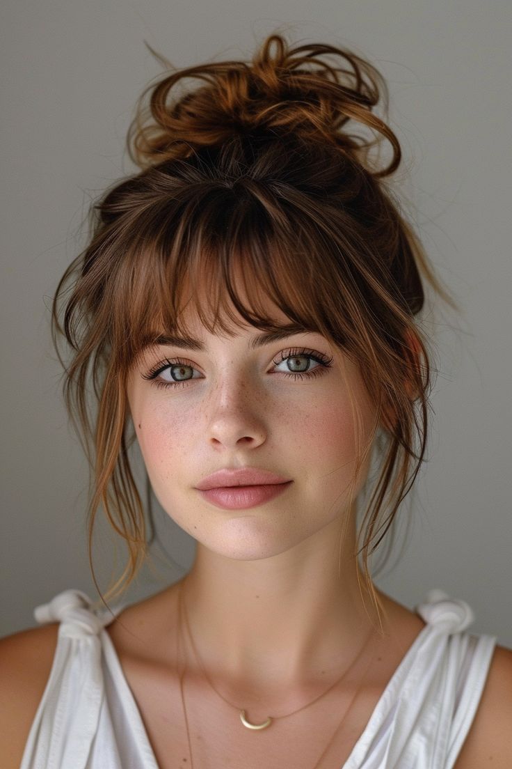 Add a sophisticated edge to your style with these 10 updos with bangs, blending elegance with contemporary chic. Bangs With Part In The Middle, Messy Fringe Bangs, Bangstyle Hair Long Ponytail, Brunette Bangs Straight Hair, Blonde Bangs Ponytail, Women's Haircuts With Bangs, Fun Edgy Haircut, Wispy Face Framing Bangs Round Face, Low Bun Wedding Hair Bangs