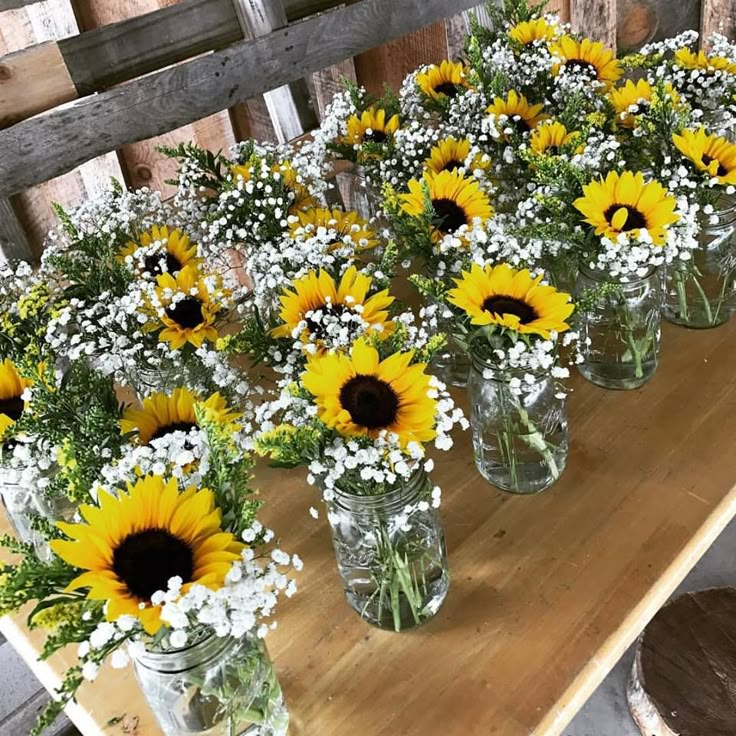 sunflowers and baby's breath are arranged in mason jars on a table