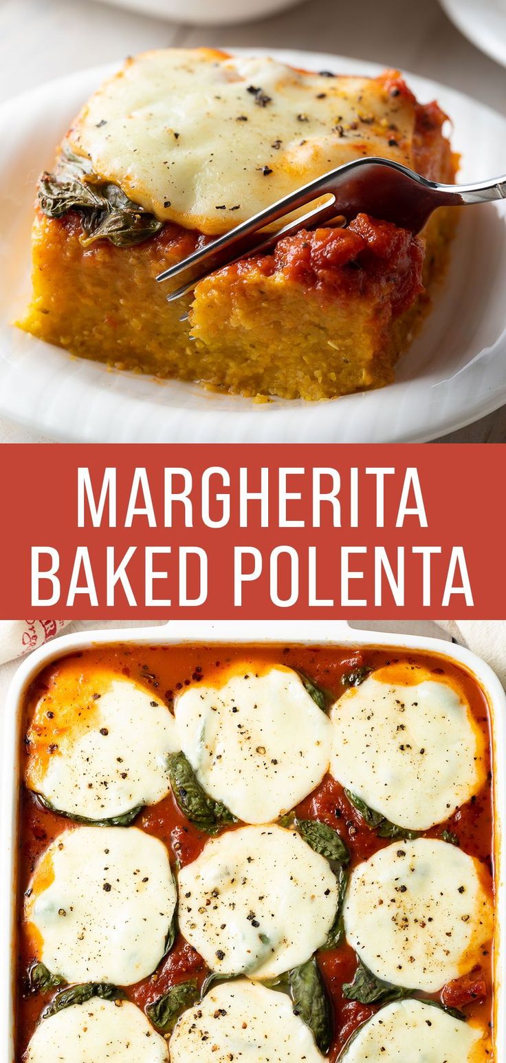 two plates with different types of food on them and the words margherita baked polenta