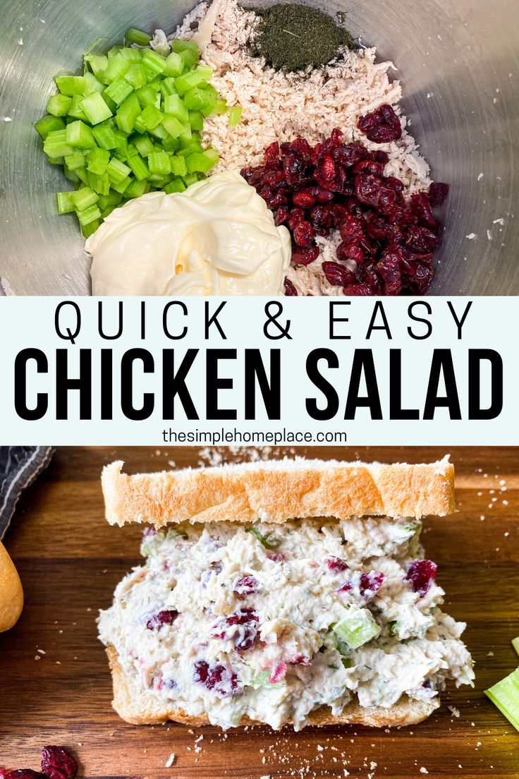 chicken salad with cranberries, celery and mayonnaise in a bowl