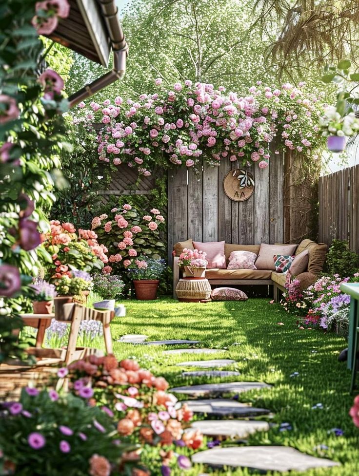 a garden with lots of pink flowers and greenery on the walls, along with an outdoor seating area