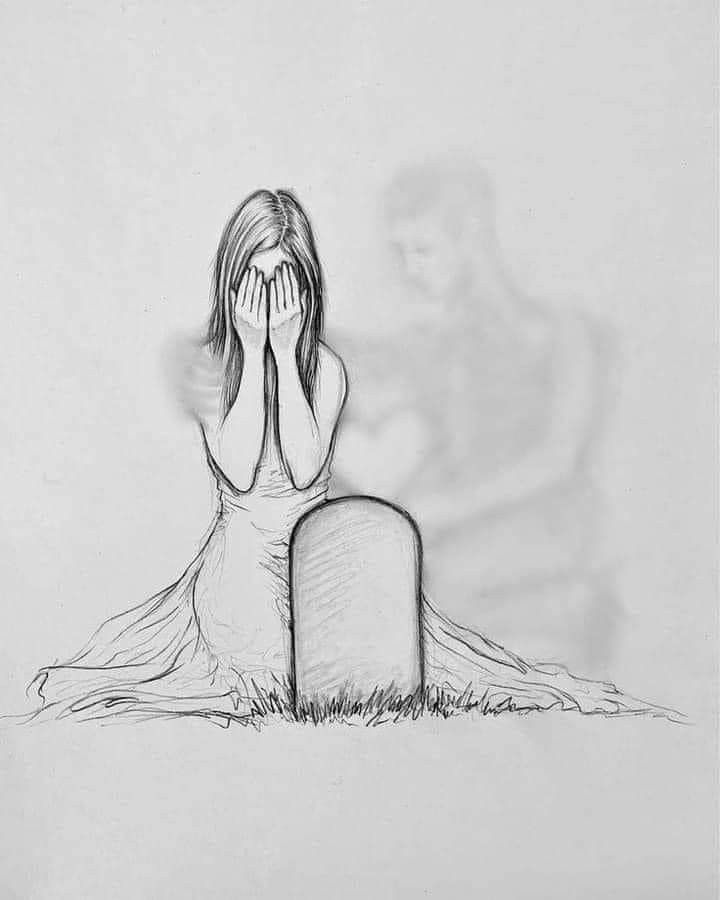 a drawing of a woman covering her face next to a grave with a man in the background