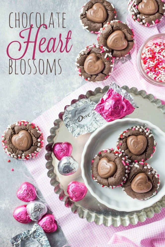 chocolate heart blossoms on a plate with pink and white sprinkles