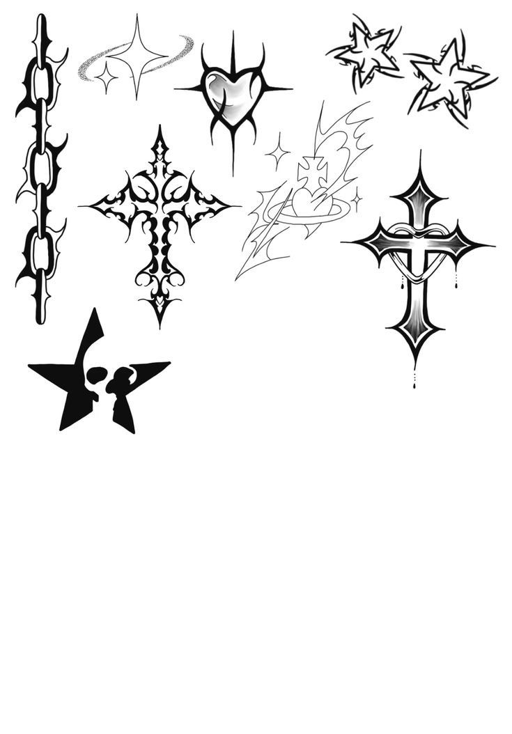 the cross and other tattoos are drawn in black ink on a white paper with no background