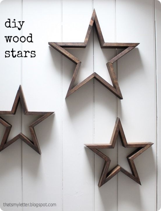 three wooden stars are hanging on the wall