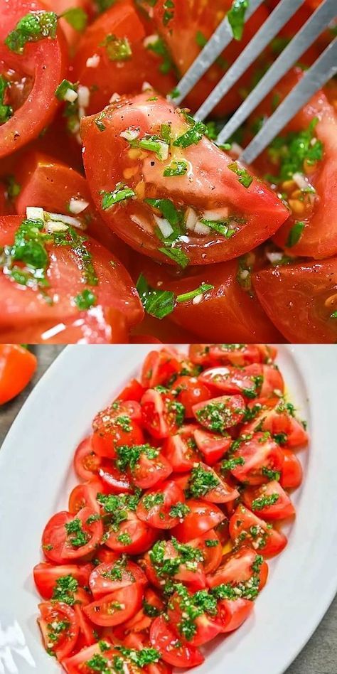 two pictures with different types of food on them and one has tomatoes in the middle