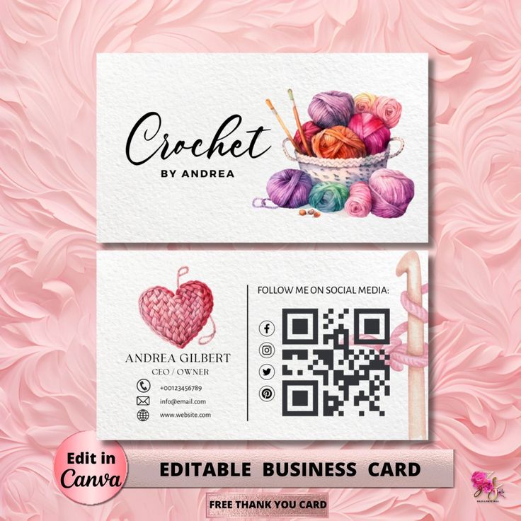 two business cards for crochet by andora with pink flowers on the background