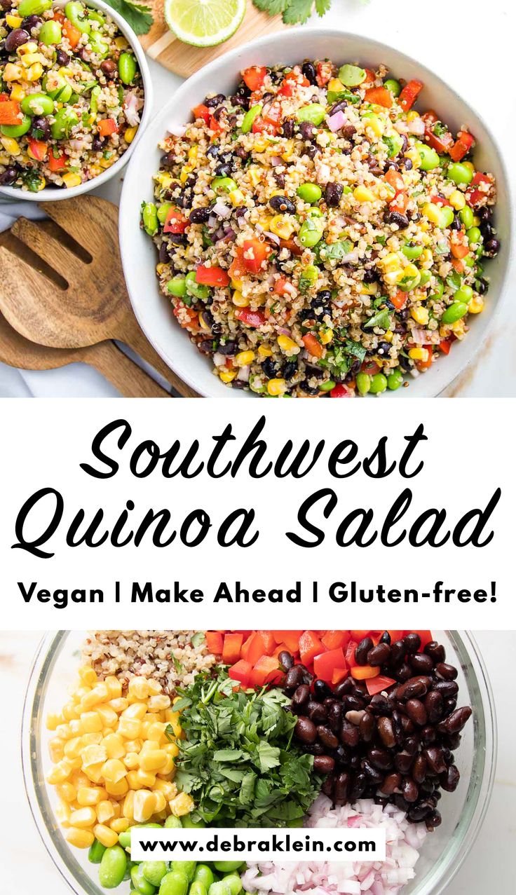 Bowl of Southwest Quinoa Salad with peppers, black beans, corn and edamame with a chopping board with chopped ingredients on the side. Southwest Chickpea Salad, Quinoa Salad Southwest, Southwestern Sides, Southwestern Quinoa Salad, Quinoa Salad Recipes Cold, Southwestern Quinoa, Southwest Quinoa, Southwest Quinoa Salad, Mexican Quinoa Salad