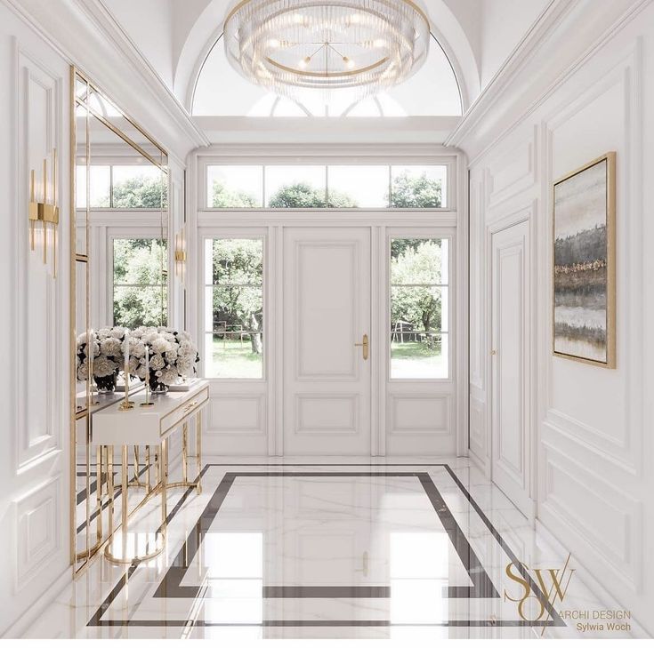 a white and black marble floor in a room with two large mirrors on the wall