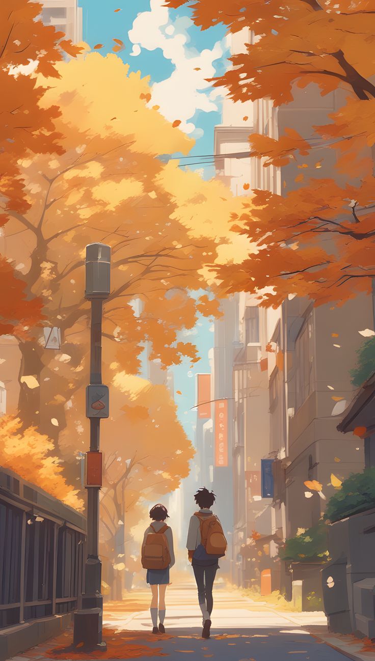 two people walking down a street in the fall