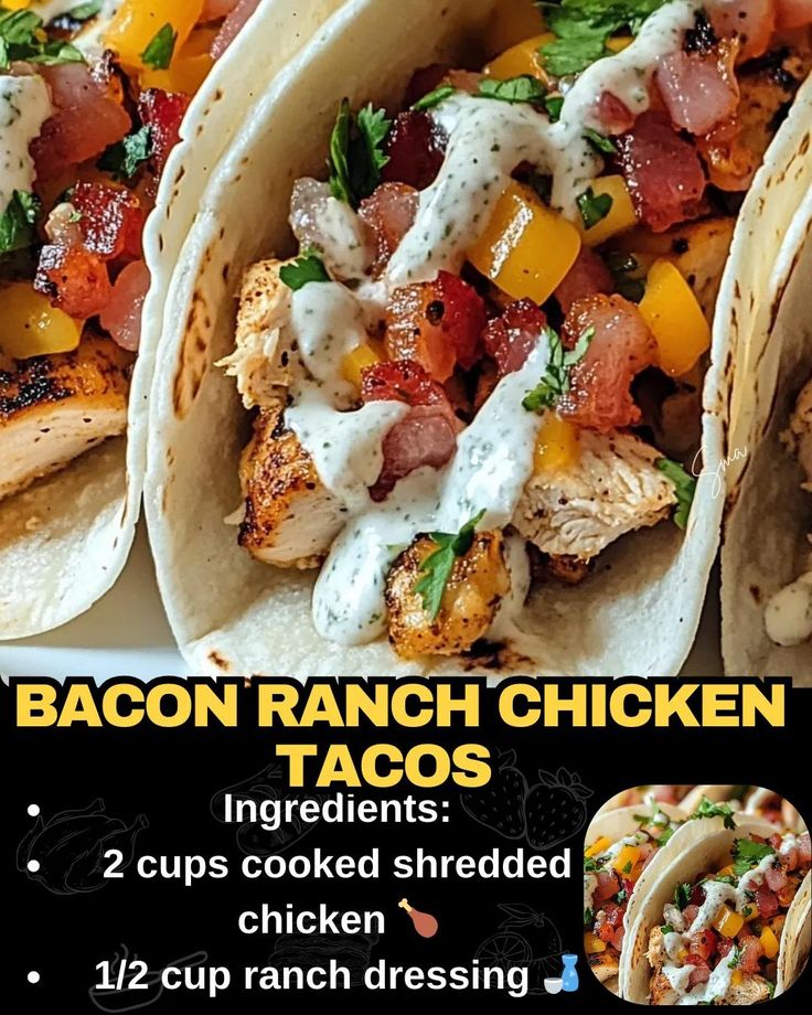 Bacon Ranch Chicken Tacos Bacon Ranch Chicken Tacos, Chicken Bacon Ranch Tacos, Bacon Tacos, Ranch Tacos, Ranch Chicken Tacos, Bacon Cheeseburger Meatloaf, Beef Tips And Noodles, Bacon Ranch Chicken, Taco Kit