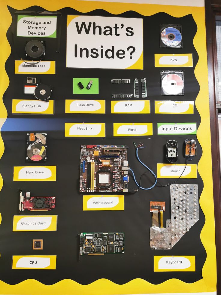 a bulletin board with various electronics and parts attached to it that says what's inside?