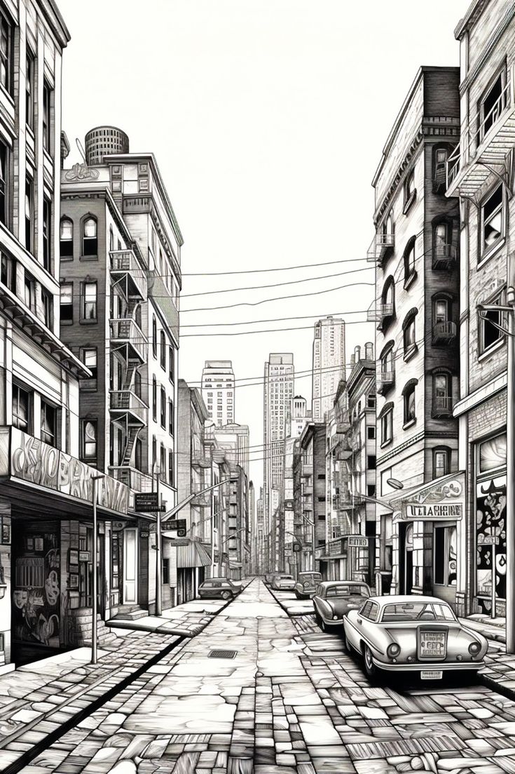 a black and white drawing of a city street with cars parked on the sidelines