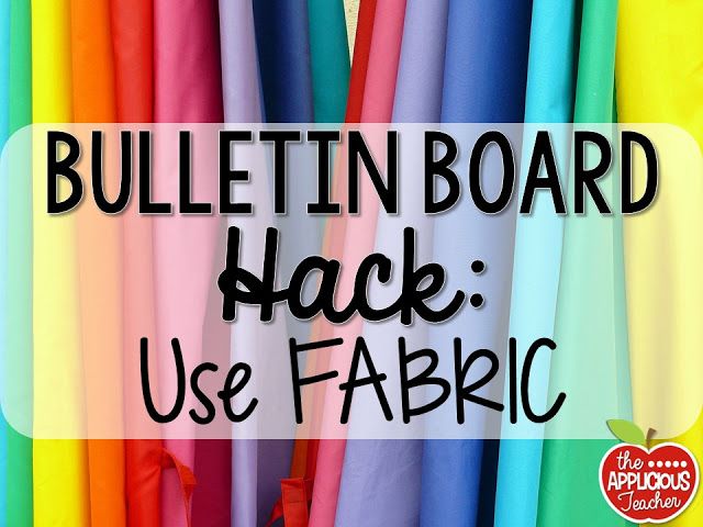 the words bulletin board hack use fabric are in front of rainbow colored paper and an apple