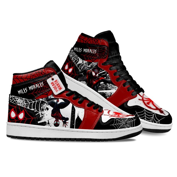 Miles Morales Spider-Verse J1 Shoes Custom Sneakers For Fans PT21All of our JD Sneakers styles are custom-made-to-order and handcrafted to the highest quality standards. High-quality rubber sole for traction and exceptional durability. Lace-up closure for a snug fit. Material: Microfibre leather: chemical & abrasion resistance, anti-crease, aging resistance Eco-friendly and 100% Vegan. Please allow 10-15 business days to receive a tracking number while your order is hand-crafted, packaged and shipped from our facility. Sneaker Head Nike, Spider Man Sneakers, Custom Spiderman Shoes, Miles Morales Clothes, Miles Morales Shoes, Miles Morales Nails, Shoes Spiderman, Spider Shoes, Cool Shoes For Men