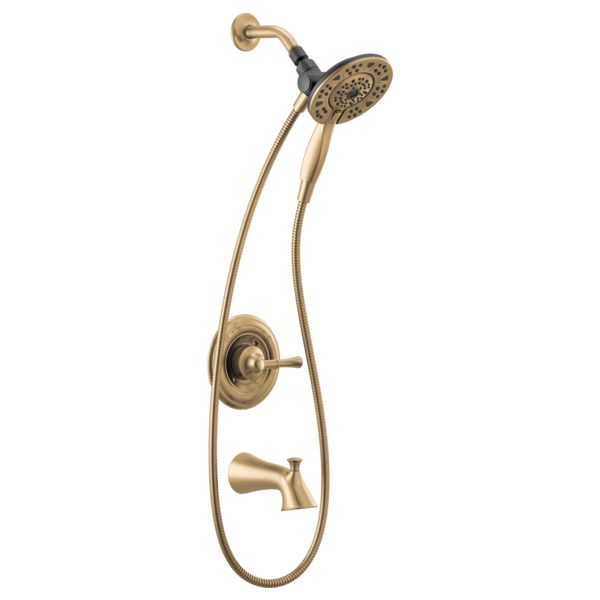 the shower faucet is shown in gold with an adjustable head and hand showerhead