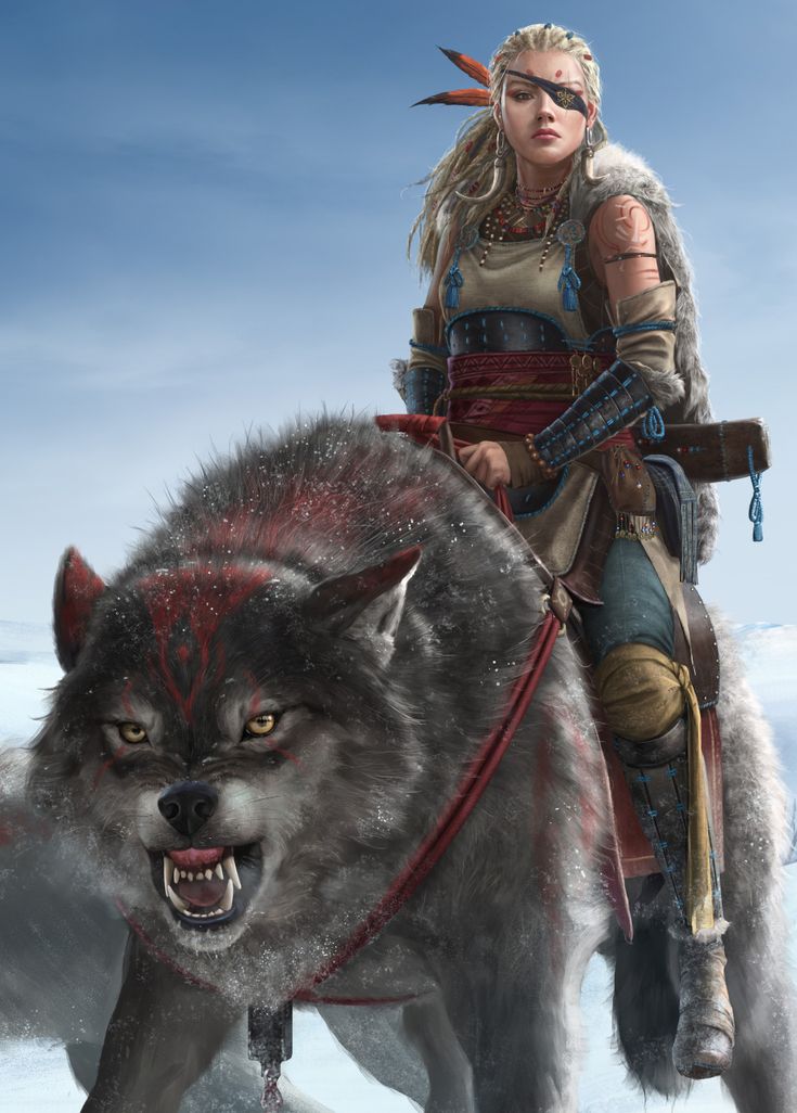 a woman riding on the back of a gray wolf