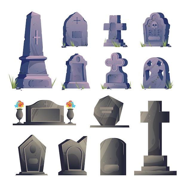 a bunch of tombstones and headstones with flowers in each one's vase