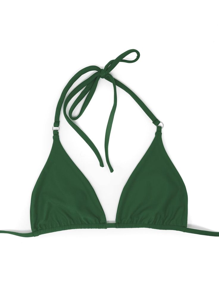 DESCRIPTION: Classic seamless triangle bikini top, made sustainably from recycled plastic fabrics in a beautiful deep green color that compliments every skin tone. Complete with gold hoop details on each of the triangles. This top is perfect for your next beach vacay. DETAILS: Made from Sustainable Recycled Plastic Fabric SPF 50 Gold Hoop Details on each triangle Unpadded String tie triangle bikini top style Designed and shipped from Honolulu, Hawaii Pair with Nalani string bikini bottom Seamless Triangle Swimwear For Poolside, Triangle Solid Color Swimwear For Poolside, Triangle Halter Top Bra Friendly For Poolside, Solid Color Triangle Swimwear For Poolside, Solid Triangle Swimwear For Beach, Solid Triangle Swimwear For Summer, Solid Triangle Swimwear For Vacation, Solid Triangle Swimwear For Poolside, Solid Color Triangle Swimwear For Summer