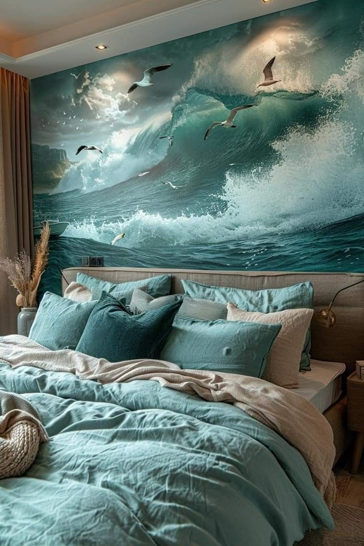 a bed room with a large painting on the wall