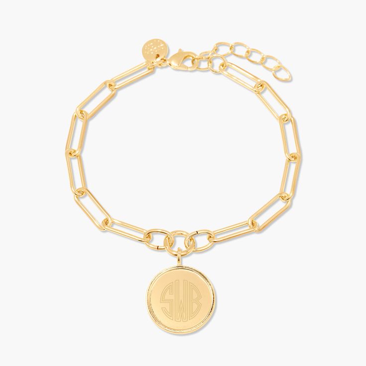 Be unique and express yourself with the Callie Bracelet. This stunning piece is handcrafted with a personalized and golden elongated link chain, complete with an eye-catching pendant. Embellish your wardrobe with a custom touch of class that’s sure to turn heads. How will you express yourself? Available in 14k gold plated brass or rhodium plated brass Pendant measures 5/8" 6" elongated link chain with 1" extender Lobster claw closure With engraving this item is FINAL SALE SKU: BYB1105 Oval Link Brass Bracelets As Gift, Oval Link Metal Chain Bracelet Gift, Oval Link Metal Chain Bracelet As Gift, Gold-tone Jewelry With Solid Link Construction For Gift, Modern Personalized Jewelry For Friendship, Gold-tone Link Charm Bracelet As A Gift, Gold-tone Link Charm Bracelet, Oval Link Charm Bracelets As Gift, Gold-tone Link Charm Bracelet Gift