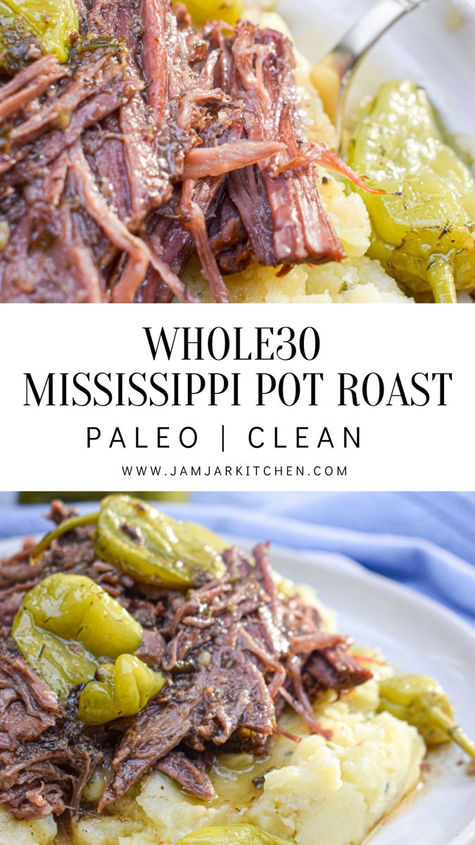 Beef pot roast with pepperoncini peppers Mississippi Pot Roast Instant Pot Whole 30, Gf Mississippi Pot Roast, Clean Eating Roast Crockpot, Healthier Mississippi Pot Roast, Whole 30 Guide, Whole Foods Recipe Easy, Whole30 Mississippi Pot Roast, Healthy Crockpot Meat, Clean Mississippi Pot Roast