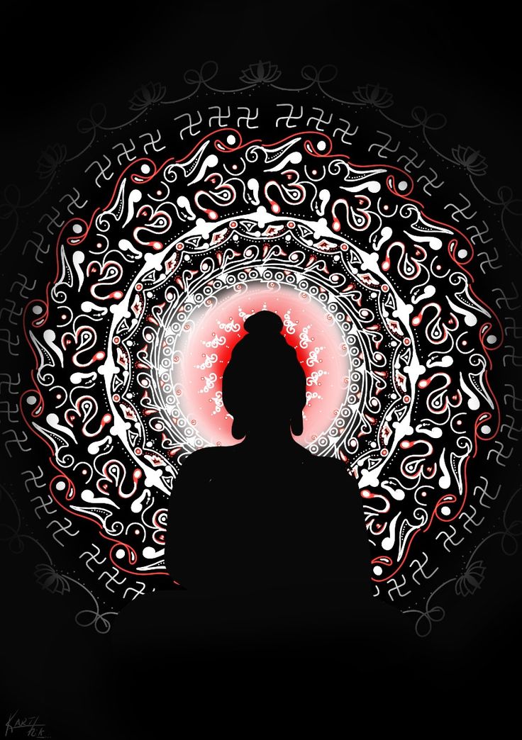 the silhouette of a person in front of a circular pattern on a black background with red and white swirls